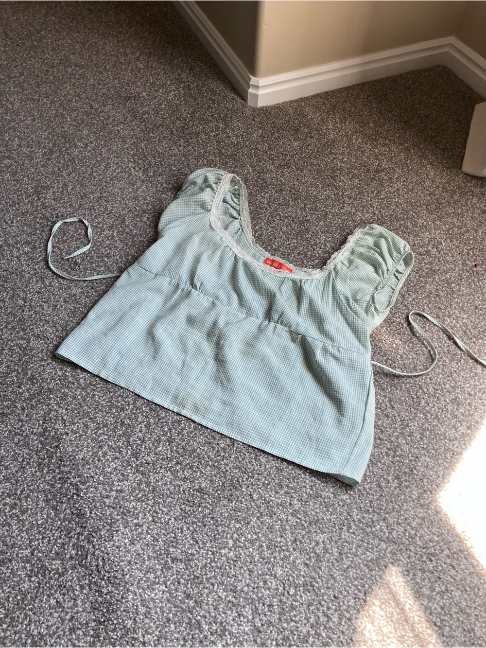 Gingham Square-Neck Crop Tank in Sage